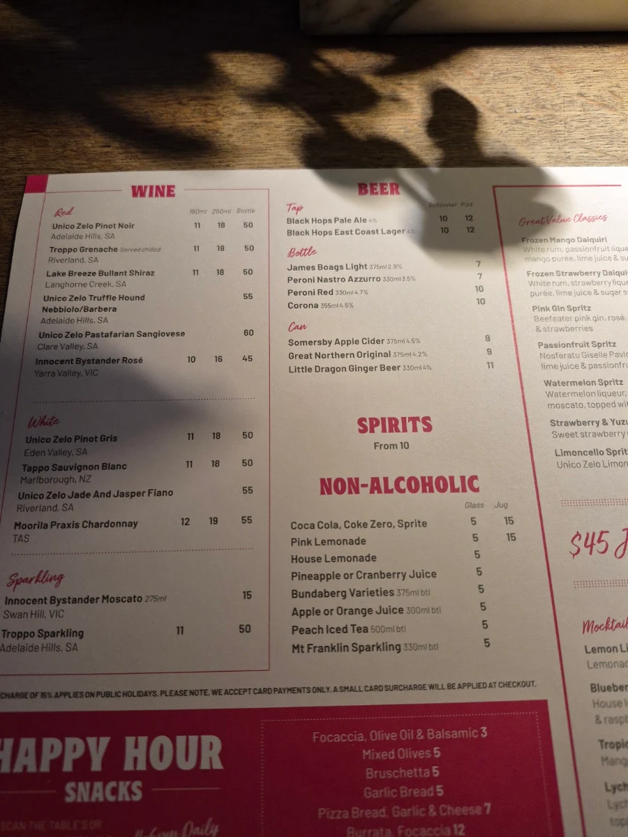 Menu, Vapiano Flinders Lane