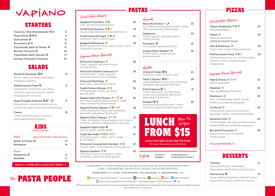 Menu, Vapiano Flinders Lane