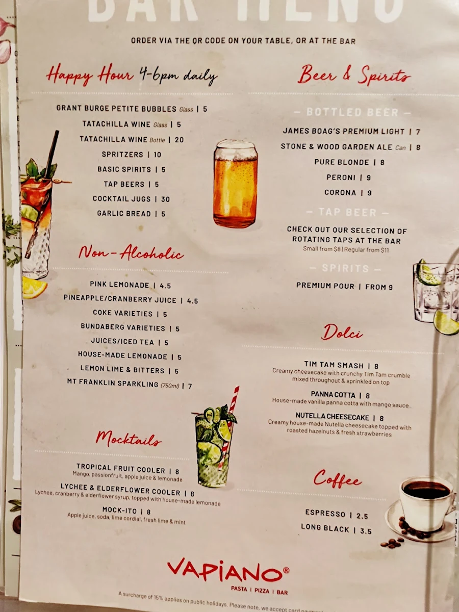 Menu, Vapiano Flinders Lane