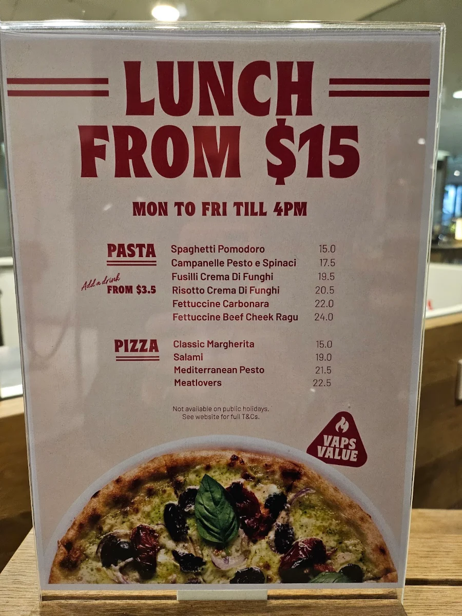 Menu, Vapiano Flinders Lane