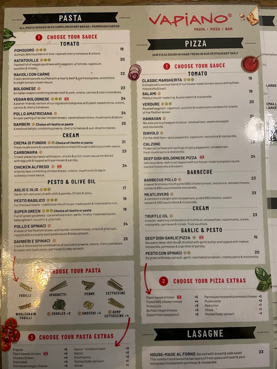 Menu, Vapiano Flinders Lane