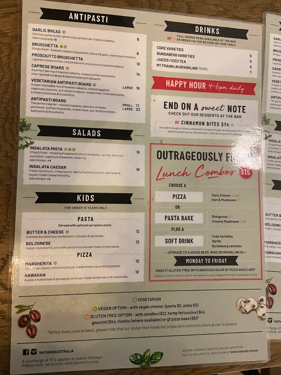 Menu, Vapiano Flinders Lane