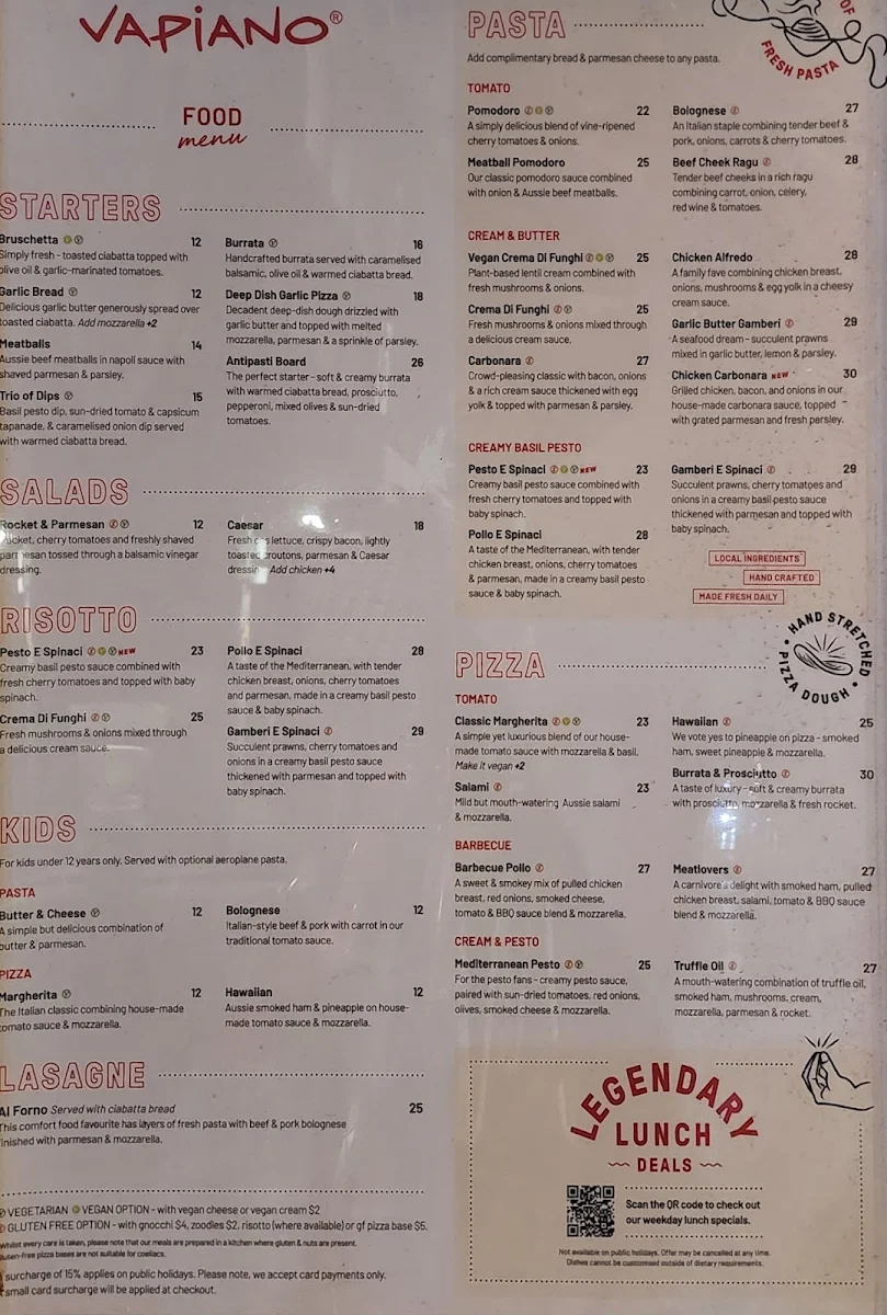 Menu, Vapiano Flinders Lane
