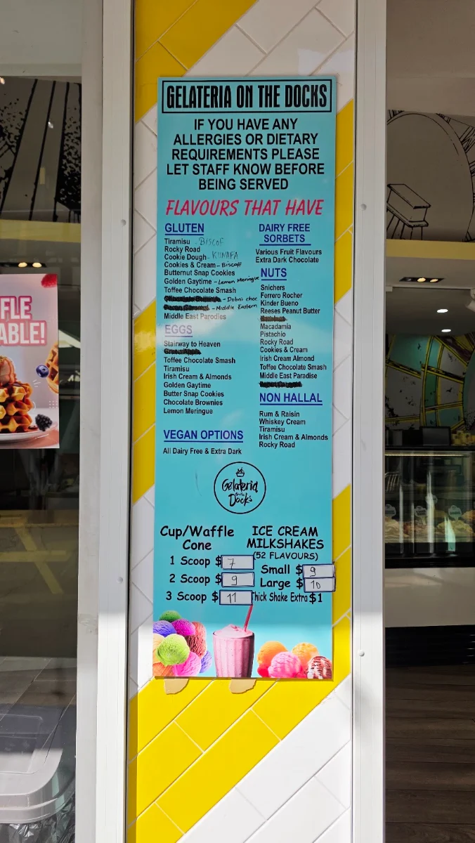 Menu, Gelateria on the Docks