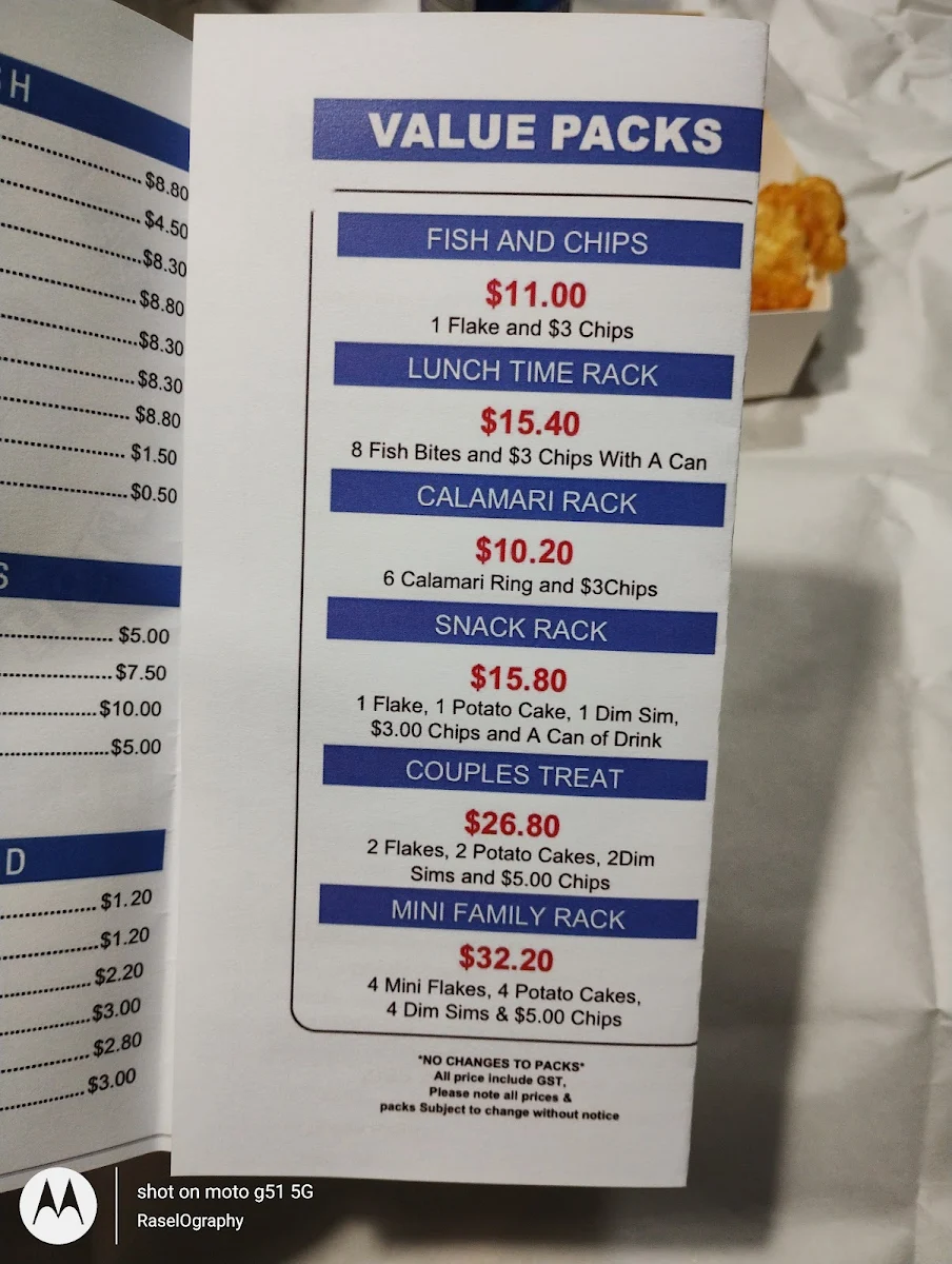 Menu, Pakenham Fish & Chips