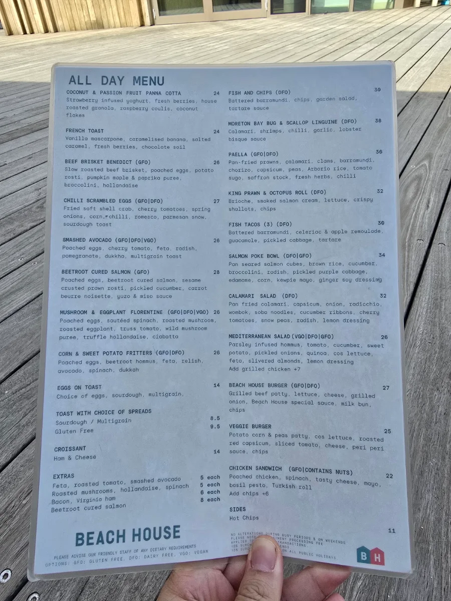 Menu, Beach House Brighton
