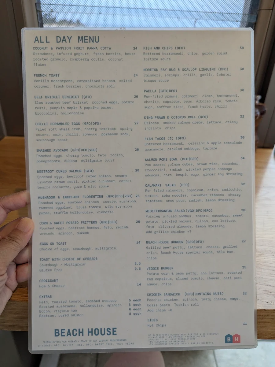 Menu, Beach House Brighton