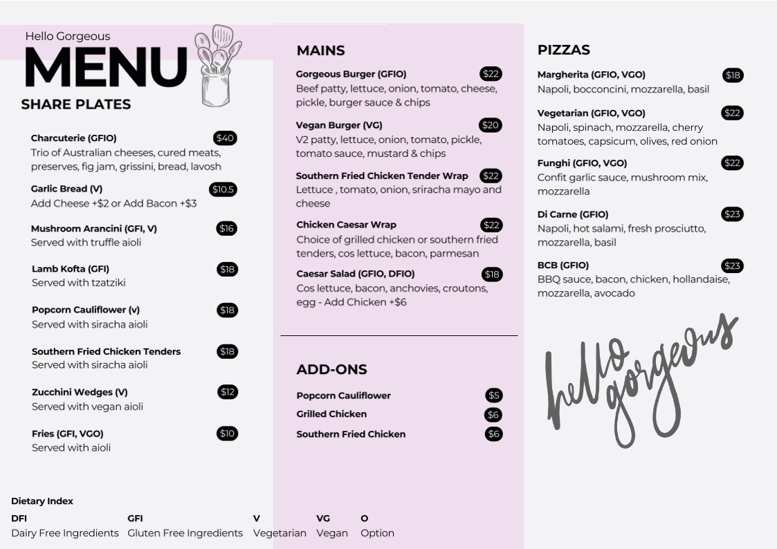 Menu, Hello Gorgeous