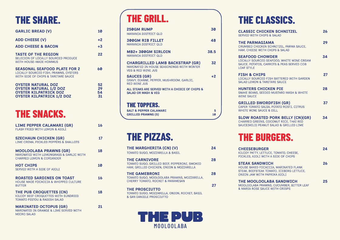 Menu, Pub Mooloolaba