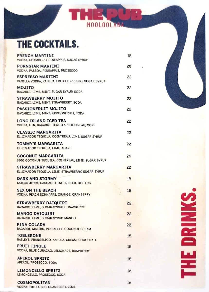 Menu, Pub Mooloolaba