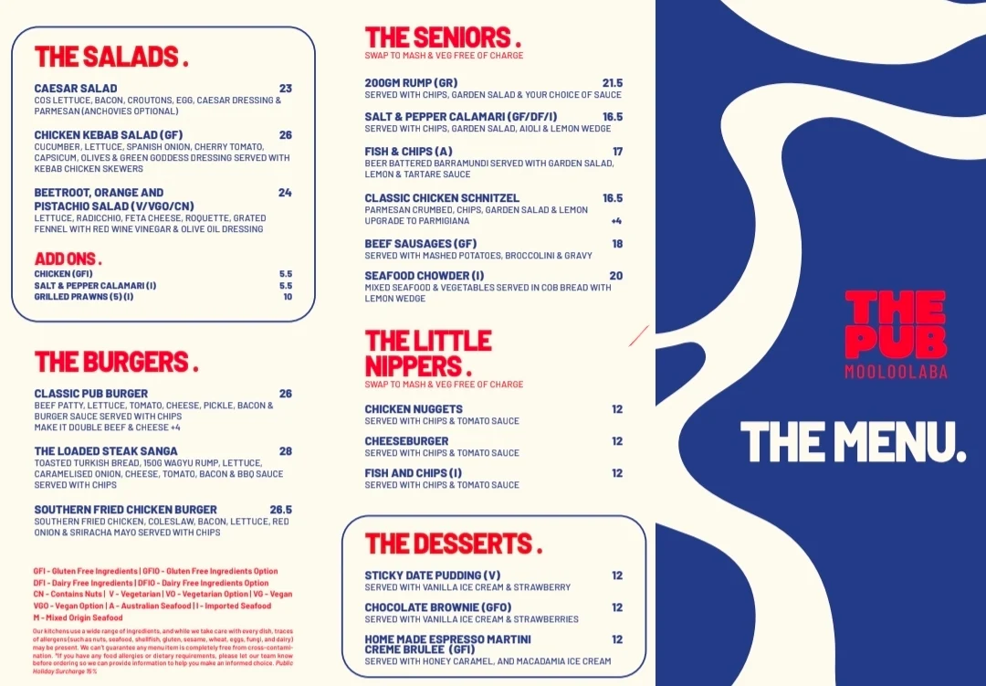 Menu, Pub Mooloolaba