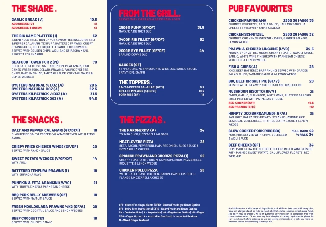 Menu, Pub Mooloolaba