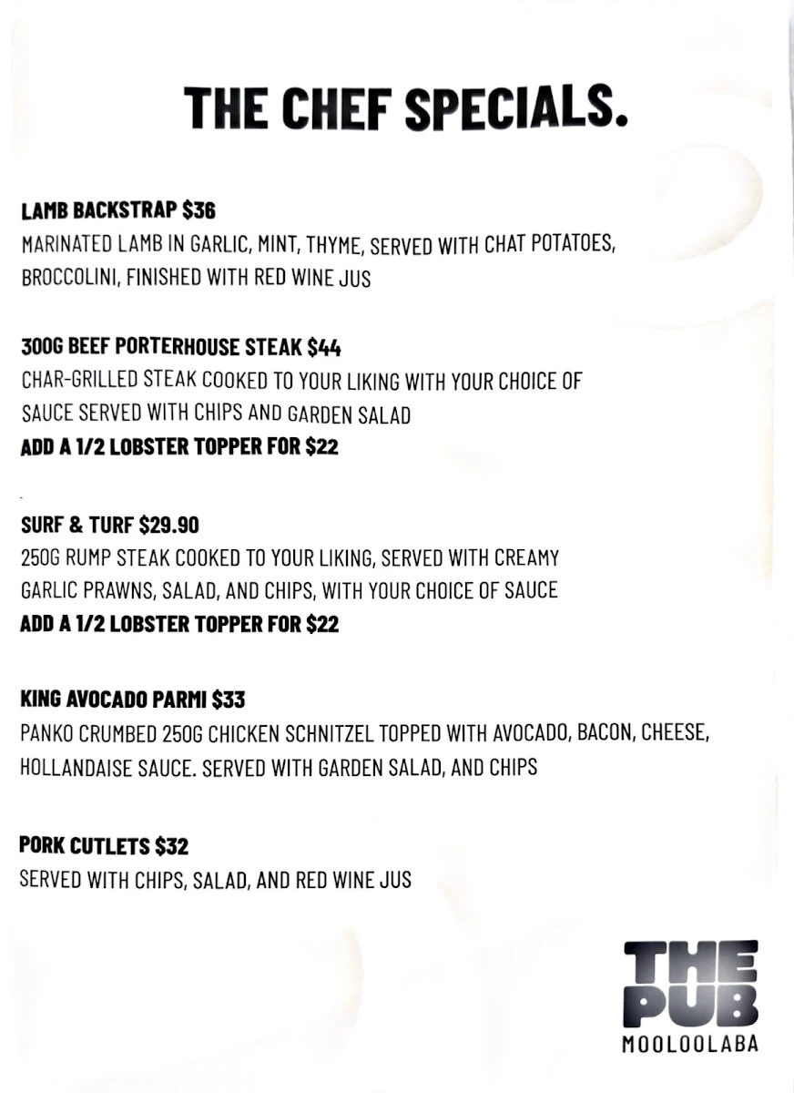 Menu, Pub Mooloolaba