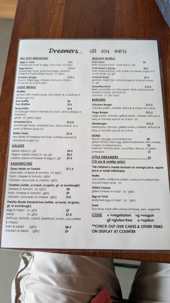 Menu, Dreamers Coffee Shop