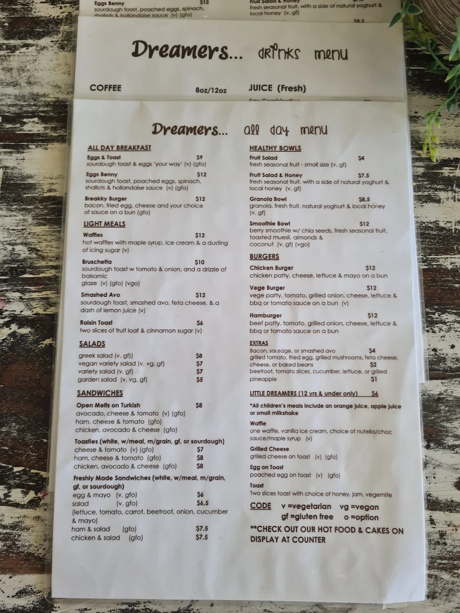 Menu, Dreamers Coffee Shop