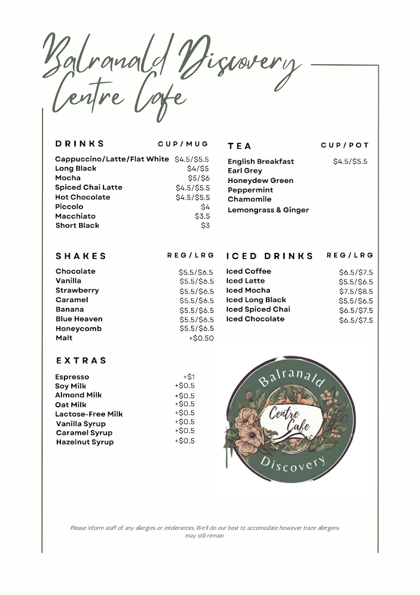 Menu, Balranald Discovery Centre Cafe