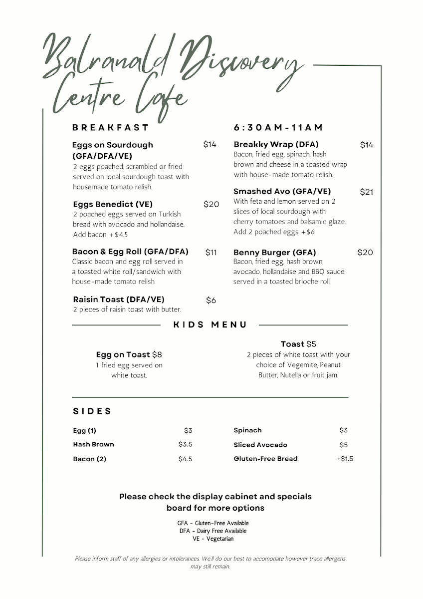 Menu, Balranald Discovery Centre Cafe