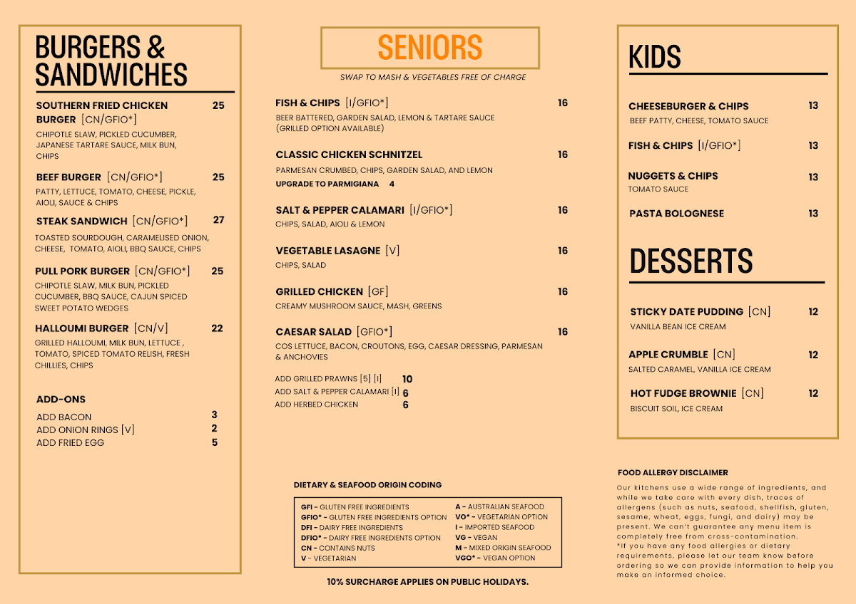 Menu, Manningham Hotel & Club