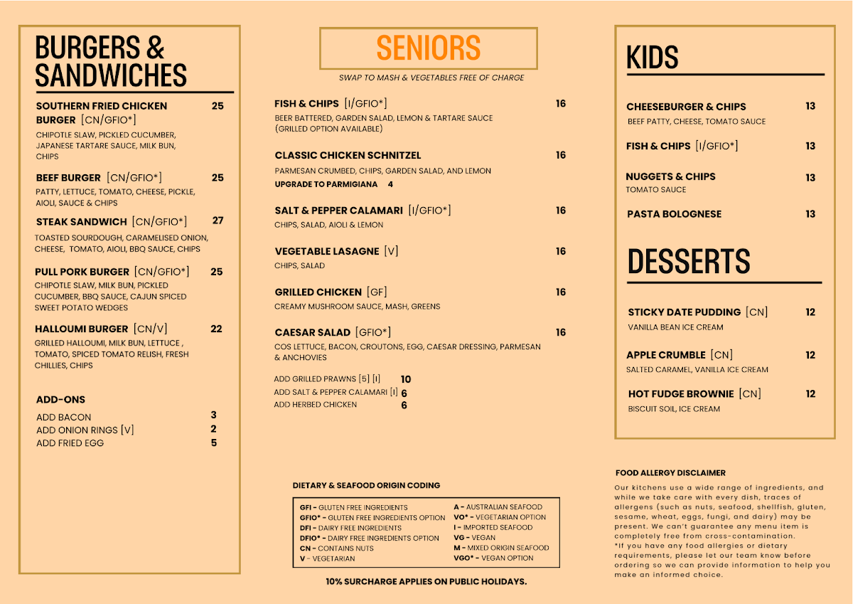 Menu, Manningham Hotel & Club