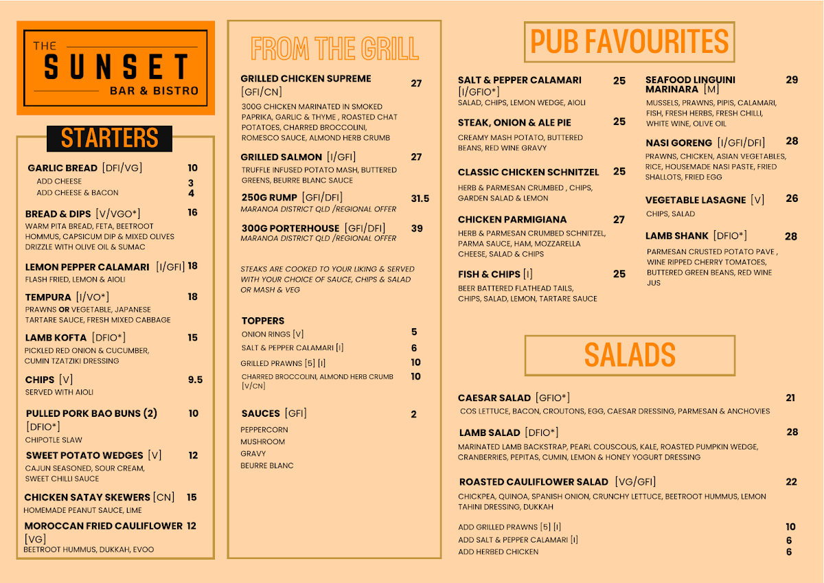 Menu, Manningham Hotel & Club