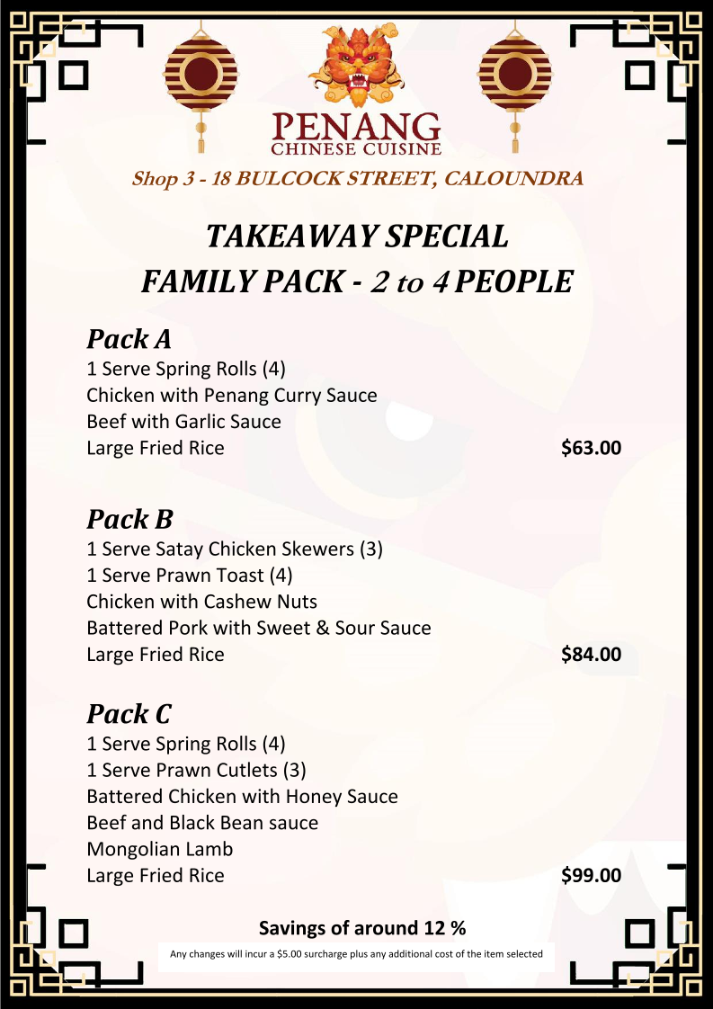 Menu, Penang Chinese Cuisine
