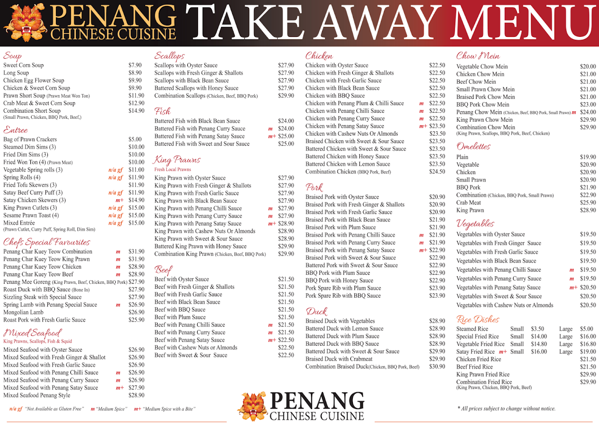 Menu, Penang Chinese Cuisine