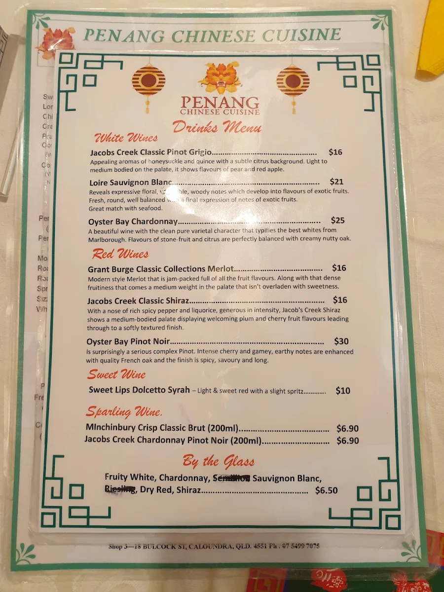 Menu, Penang Chinese Cuisine