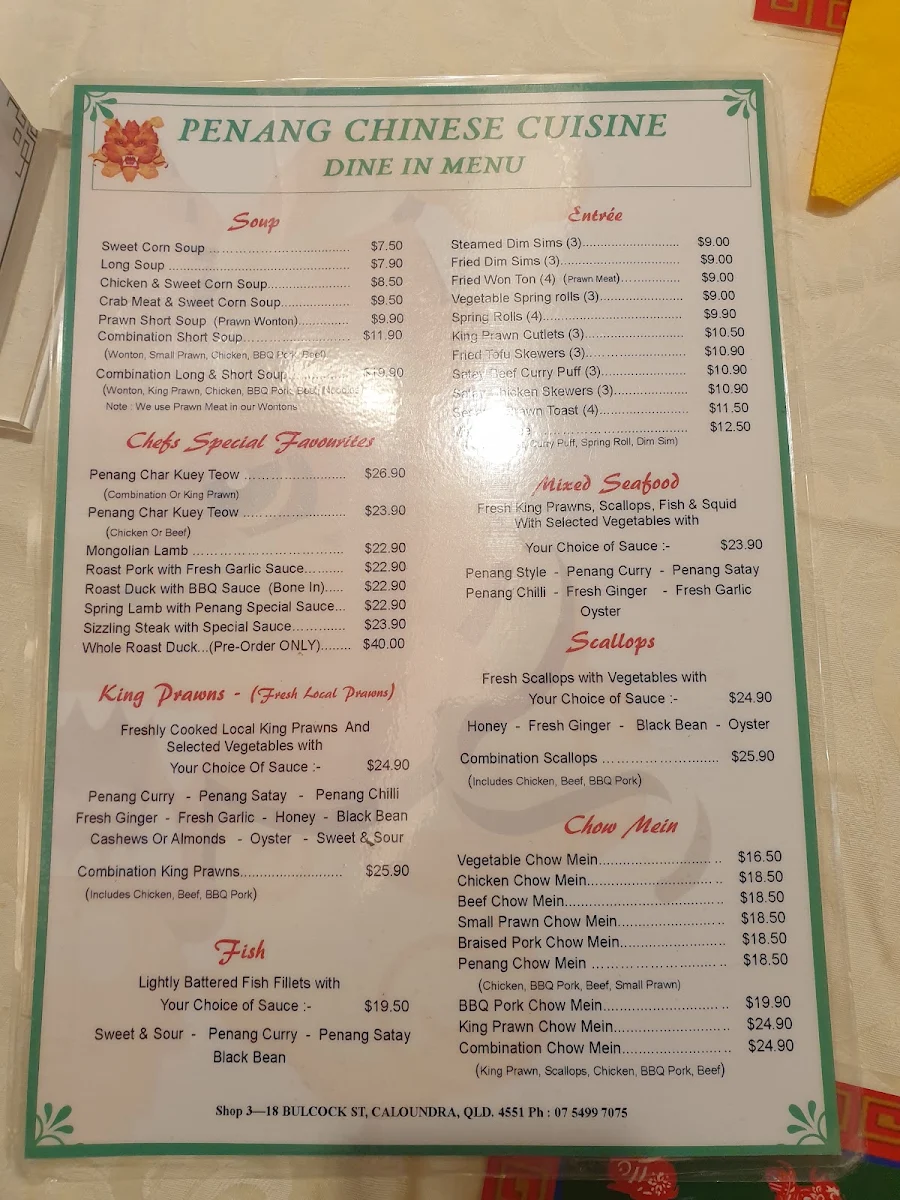 Menu, Penang Chinese Cuisine