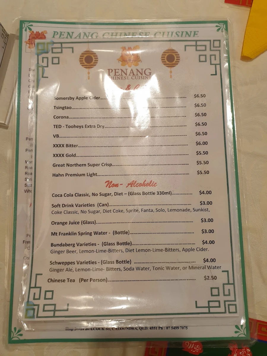 Menu, Penang Chinese Cuisine