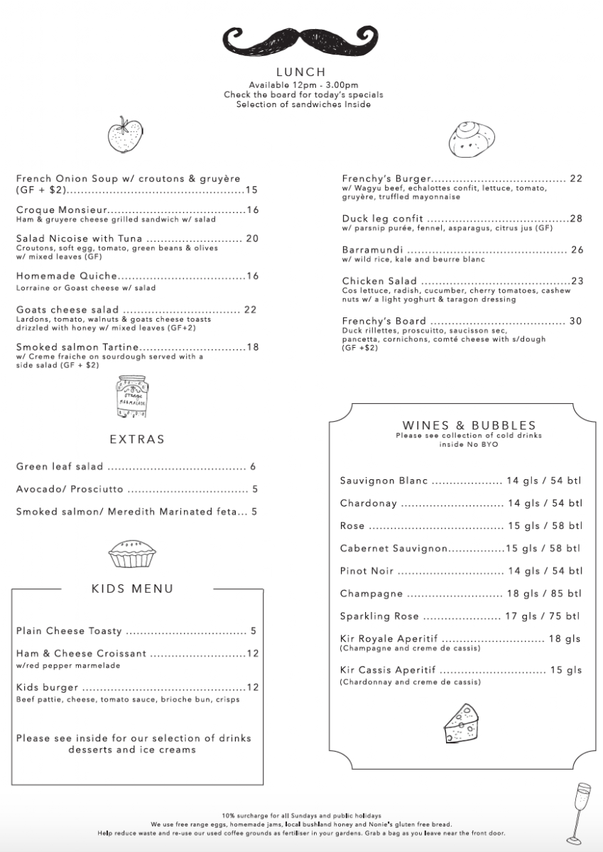 Menu, Frenchy's Cafe