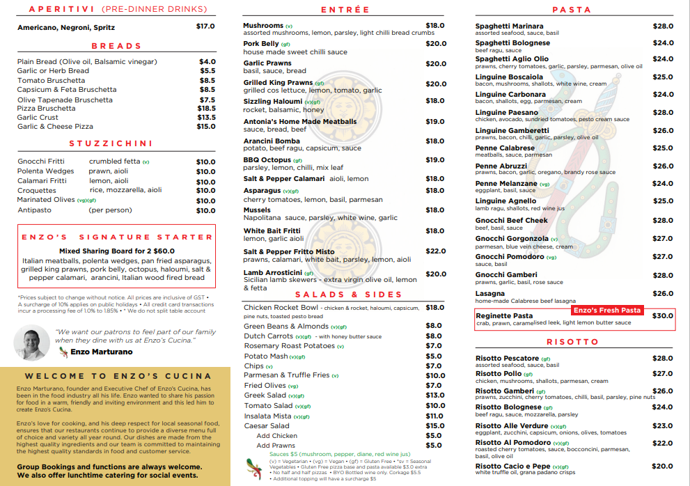 Menu, Enzos Cucina Dural