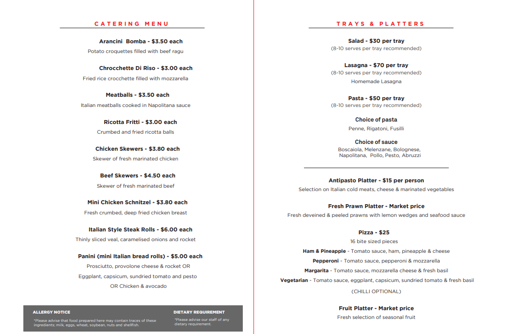 Menu, Enzos Cucina Dural