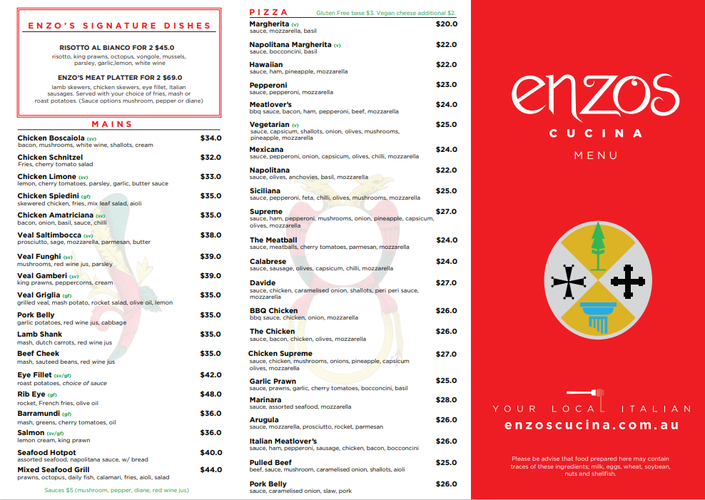 Menu, Enzos Cucina Dural
