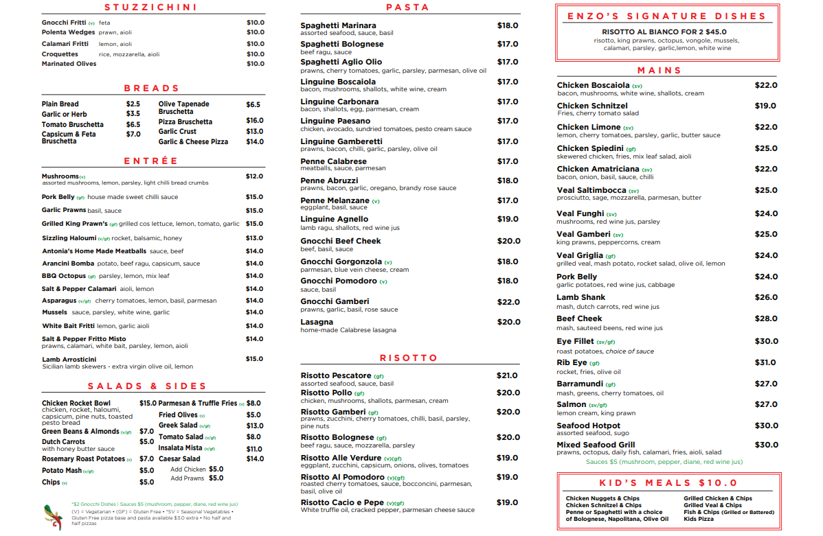 Menu, Enzos Cucina Dural