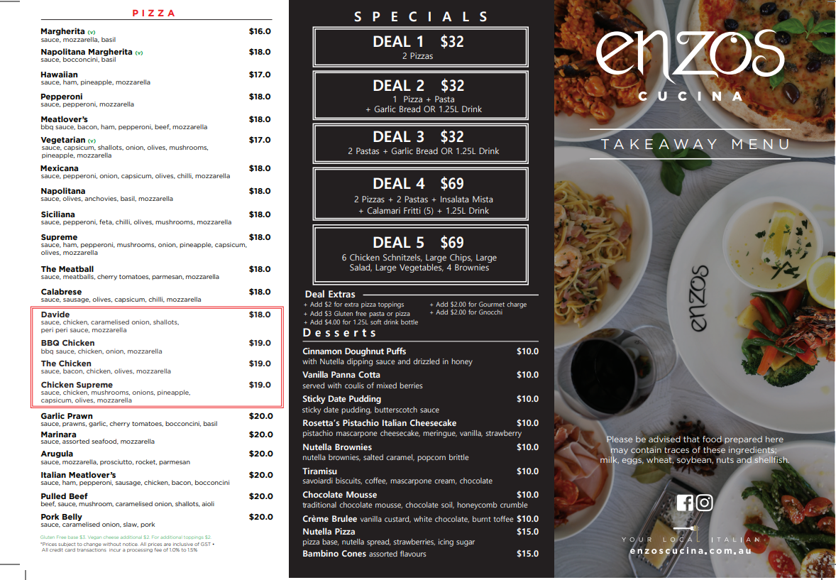 Menu, Enzos Cucina Dural