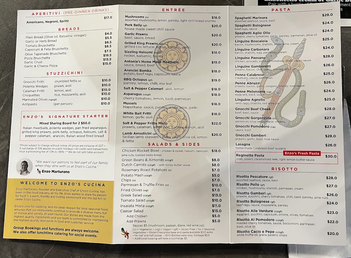 Menu, Enzos Cucina Dural