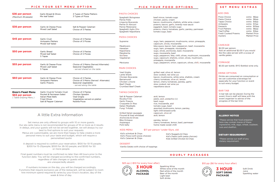 Menu, Enzos Cucina Dural