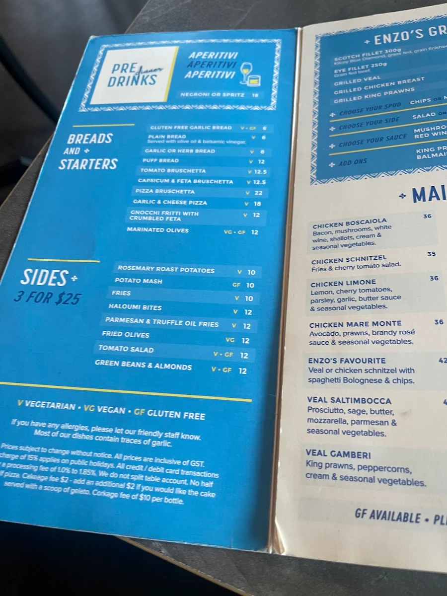 Menu, Enzos Cucina Dural