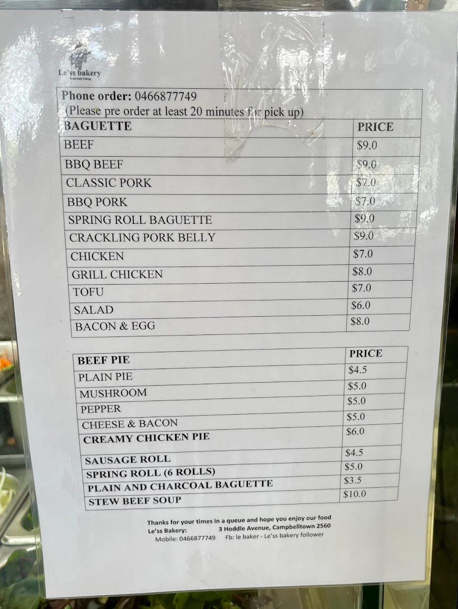 Menu, Le'ss bakery