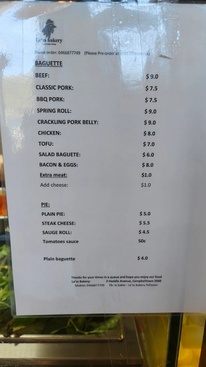 Menu, Le'ss bakery