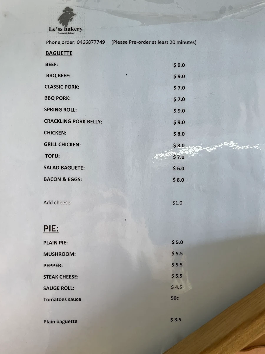 Menu, Le'ss bakery