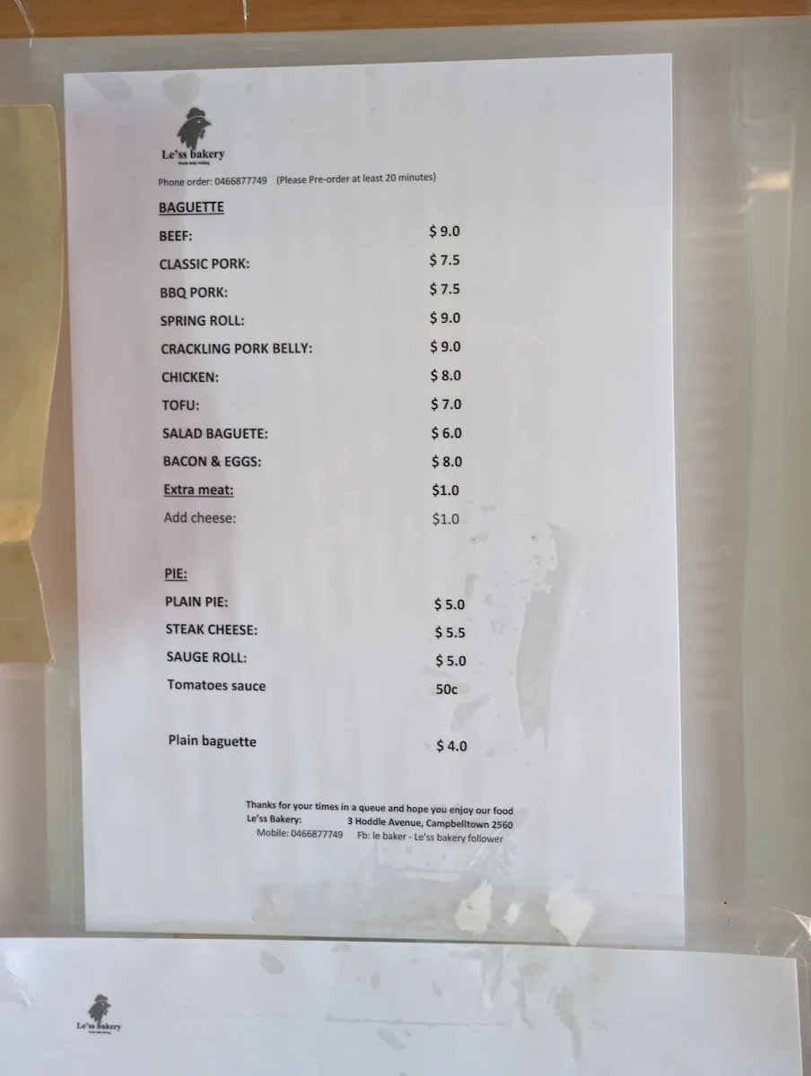 Menu, Le'ss bakery