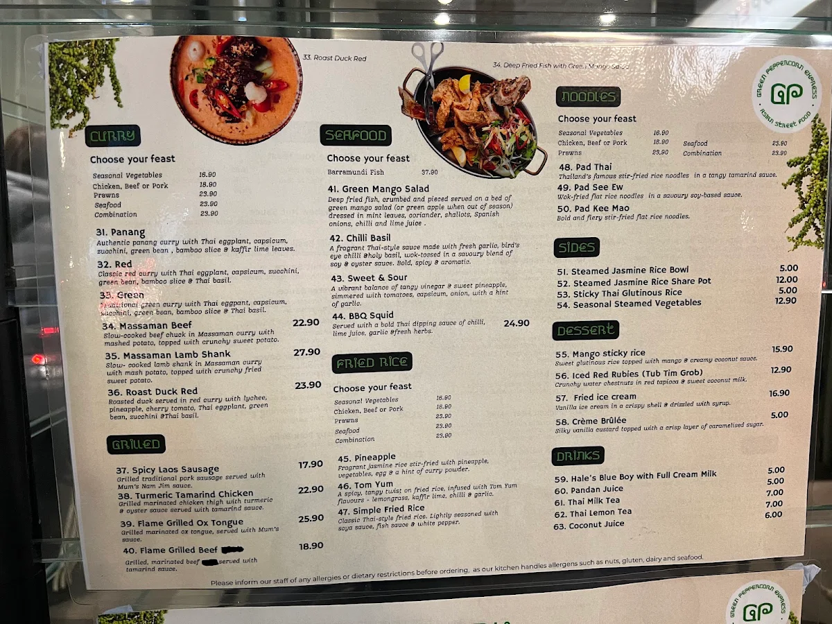 Menu, Green Peppercorn Express