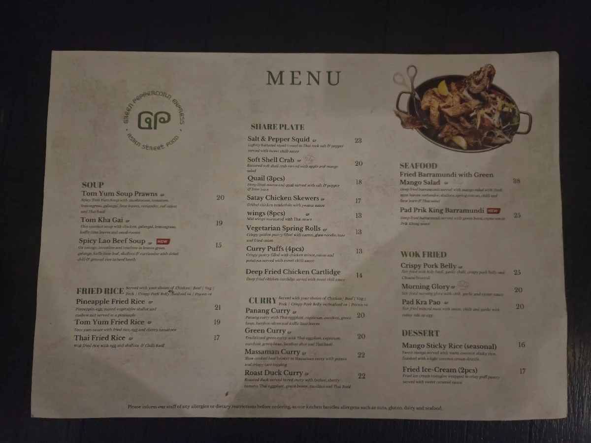 Menu, Green Peppercorn Express