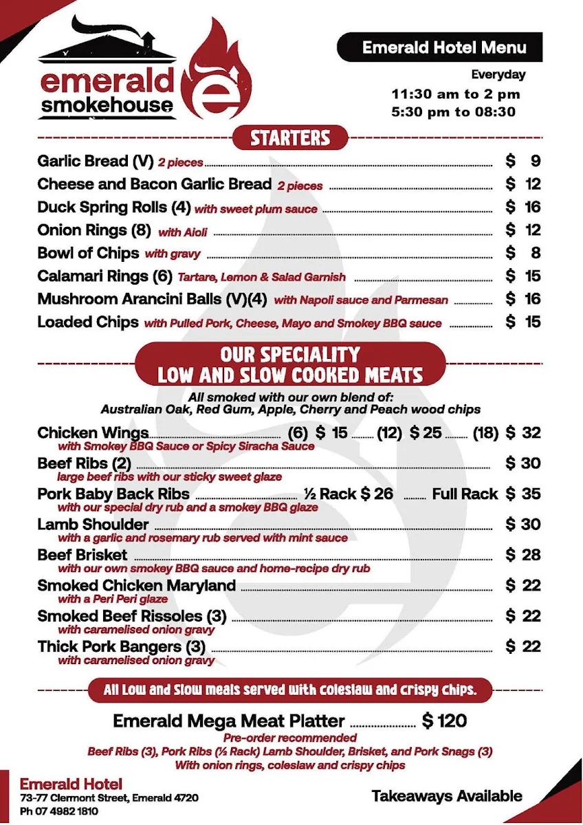 Menu, Emerald Hotel & Smokehouse