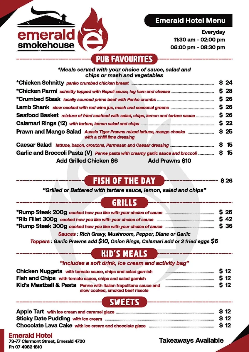 Menu, Emerald Hotel & Smokehouse