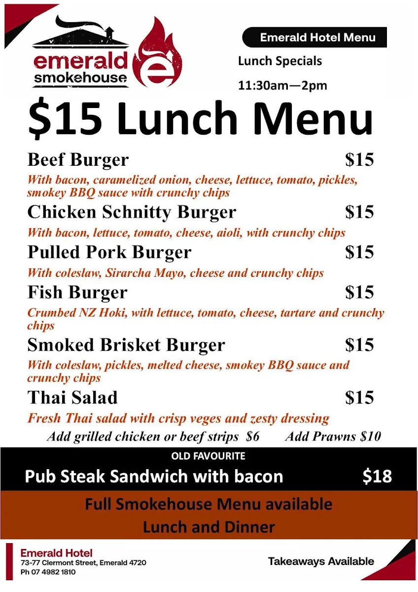 Menu, Emerald Hotel & Smokehouse