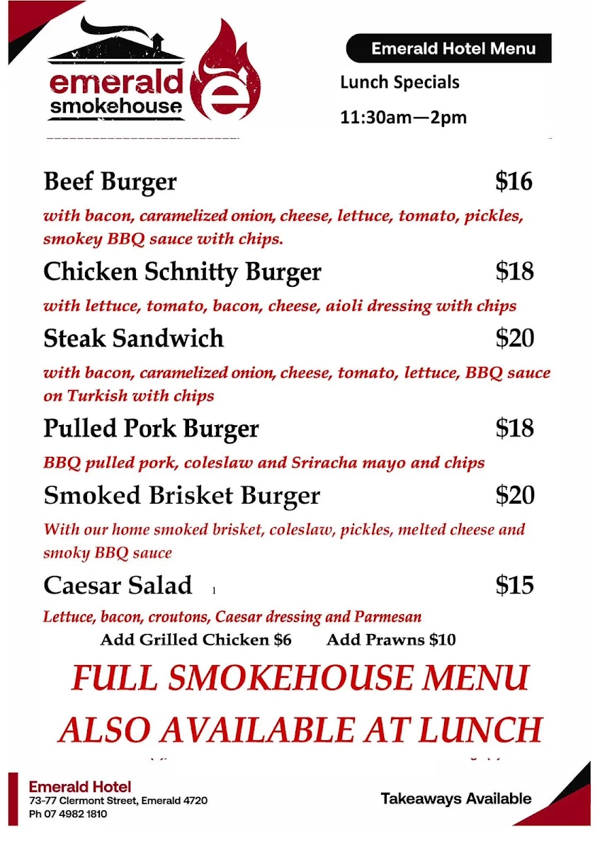Menu, Emerald Hotel & Smokehouse