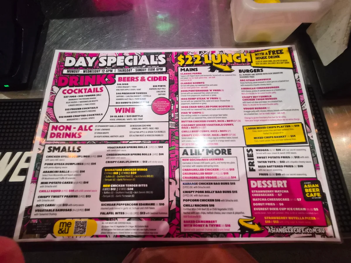 Menu, Asian Beer Cafe