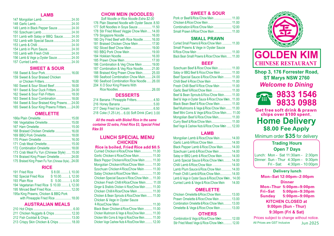 Menu, GOLDEN KIM Chinese Restaurant